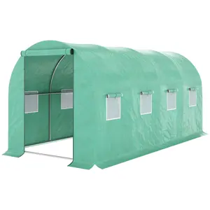 Outsunny 15' x 7' x 6.5' Walk-in Tunnel Hoop Greenhouse, Green House for Outside with PE Cover, Steel Frame, Roll-Up Zipper Door & Windows for Flowers, Vegetables, Tropical Plants, Green