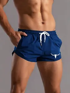 Men's Summer Shorts with Cow Head Pattern, Thin Ice Silk Quick-Dry Running Beach Shorts, Comfortable Casual Fashion Woven Fabric, Drawstring Active Shorts