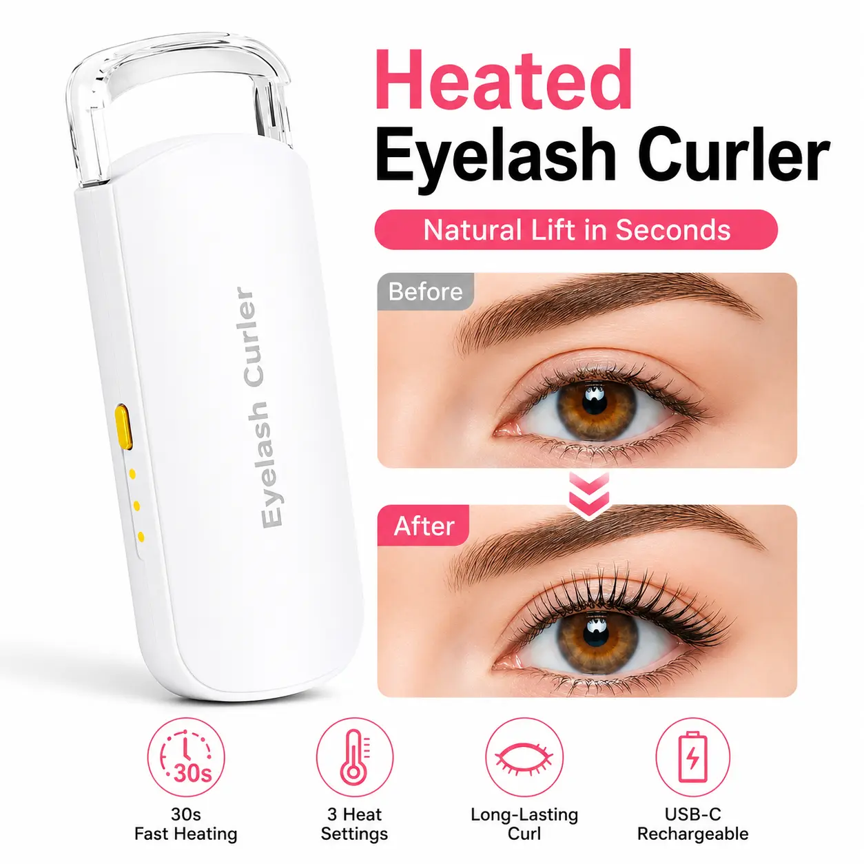 Heated Eyelash Curler, USB Rechargeable Electric Lash Curler with 3 Temperature Settings, Silicone Heating Pad for Long-Lasting Natural Curl