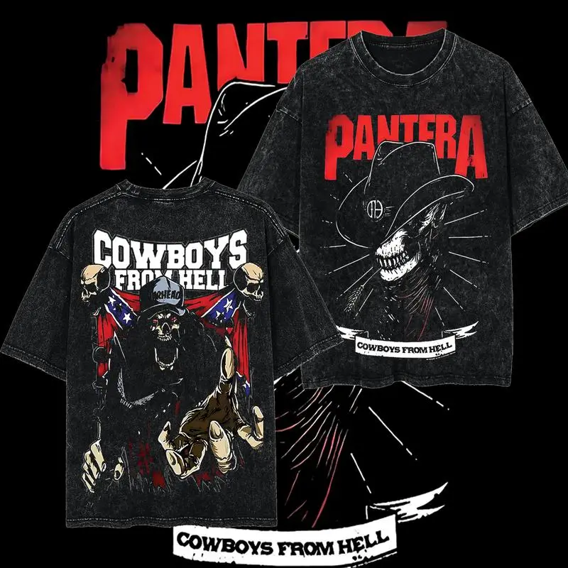 Pantera Cowboys From Hell Retro Unisex Acid Washed Hoodie T-Shirt – 90s Records Rock Groove Metal Cotton Washed Tee, Groove Metal Rock Band Washed Shirt, Oversized Vintage Tee, Heavy Metal Merch, Gift for Rock Fans
