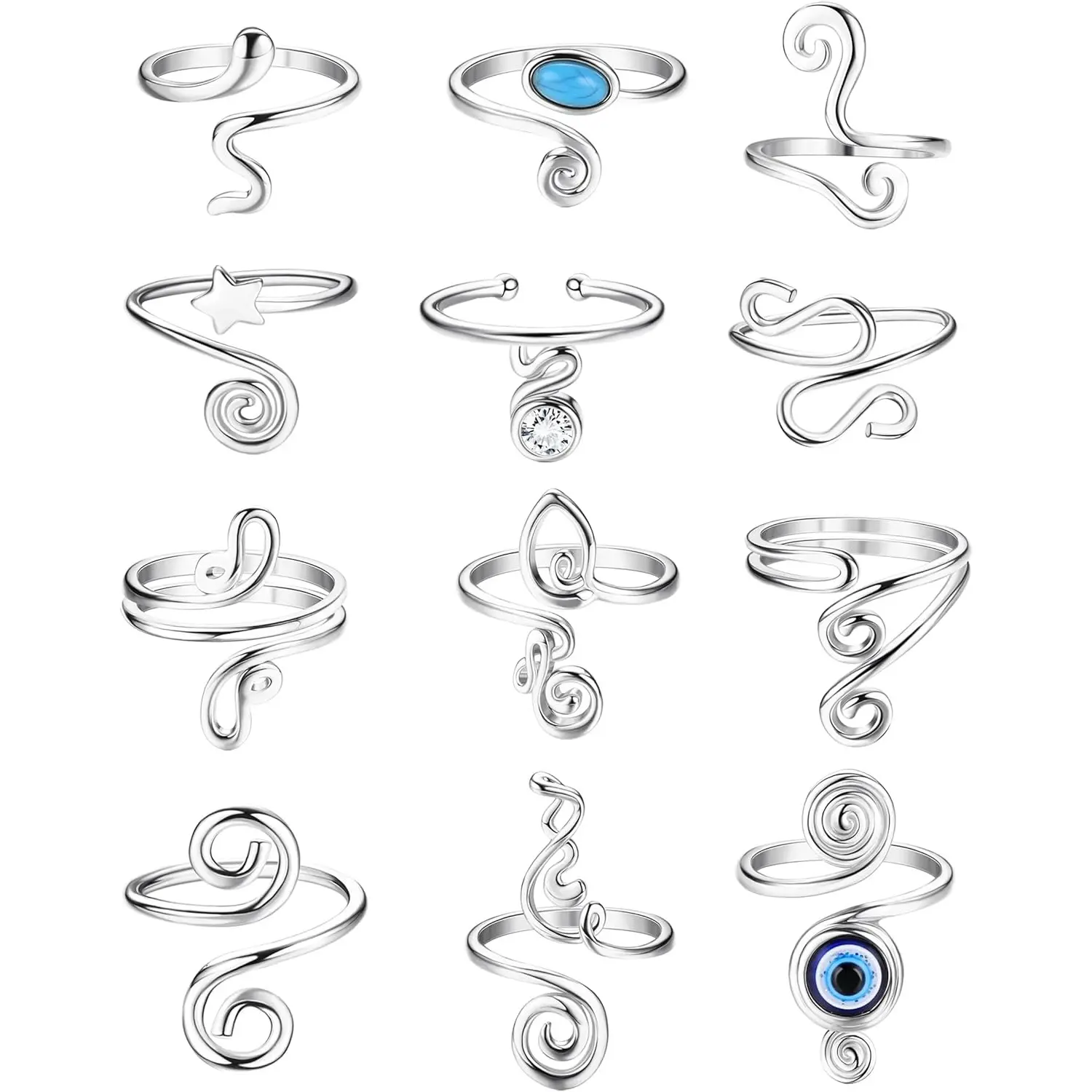 MILACOLATO 12Pcs 16 Gauge 1.2mm Copper Coated Adjustable African Style Toe Rings - Female Wear Cubic Zirconia Foot Jewelry, Comfortable to Wear for Sister, Summer Beach Lightweight Costume Jewelry with 365-Day Refund