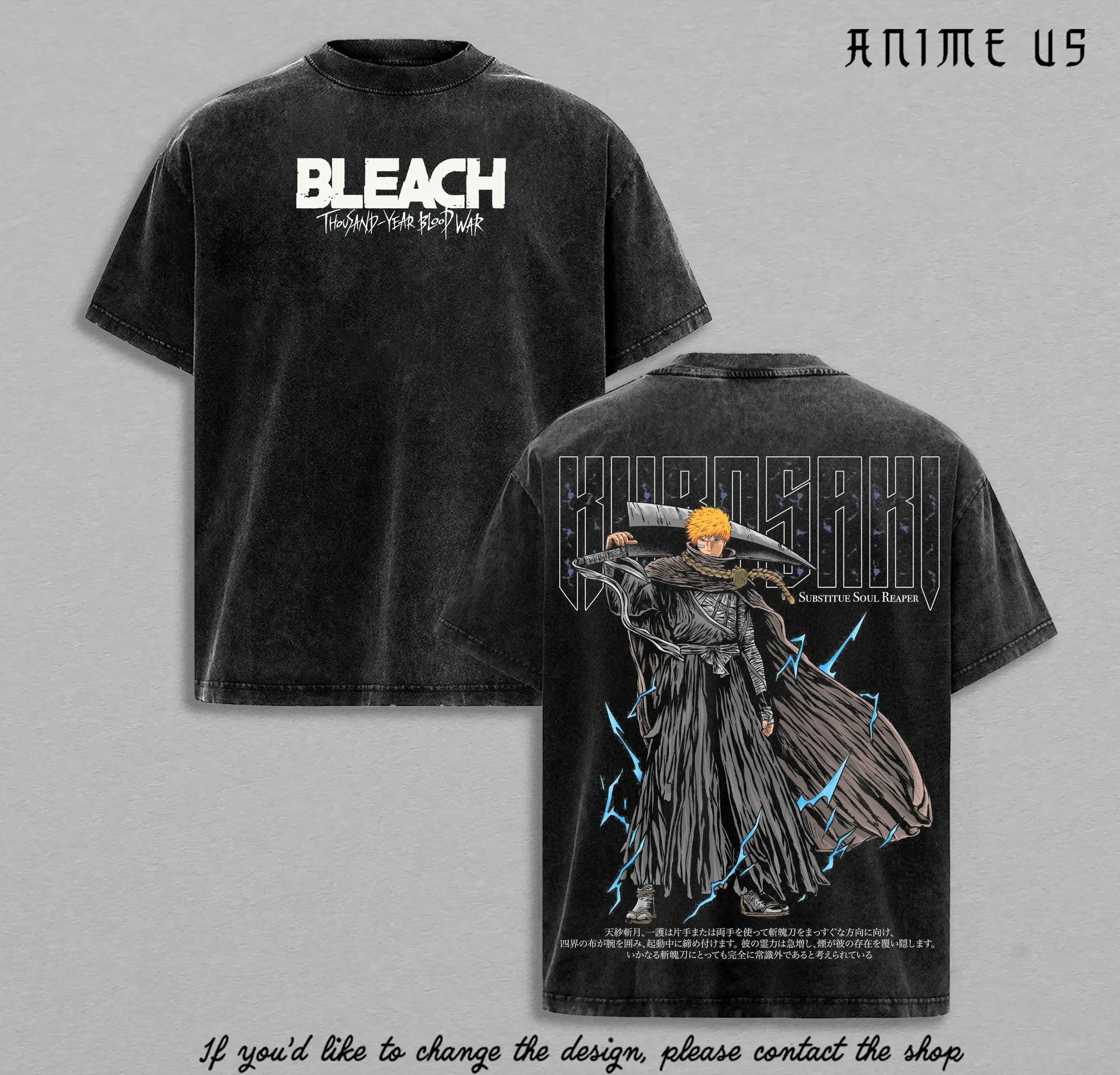 Ichigo Kurosaki Bleach Thousand Year Blood War Anime Vintage Washed Oversized Graphic Tee Soul Reaper Streetwear Shirt