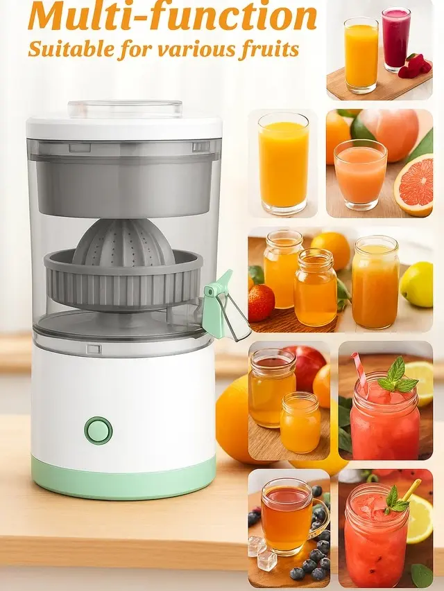 Electric Citrus Juicer - Rechargeable Hands-Free Masticating Squeezer for Oranges, Lemons (Household Kitchen Centrifugal Juicer Appliance)