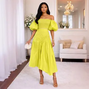 Lime Luxe Off Shoulder Set - Vibrant Yellow Two-Piece Outfit with Puff Sleeves and Asymmetrical Skirt