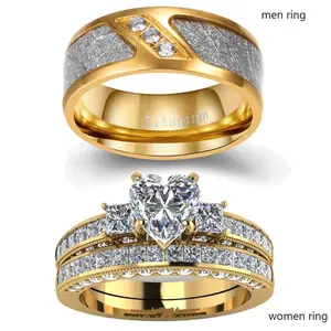 Ringcrown Couple Rings Matching Rings Yellow Gold Plated Three Stone 1ct AAA CZ 2pcs Women Wedding Ring Sets For Him And Her Ring Sets Men Titanium Steel Wedding Band