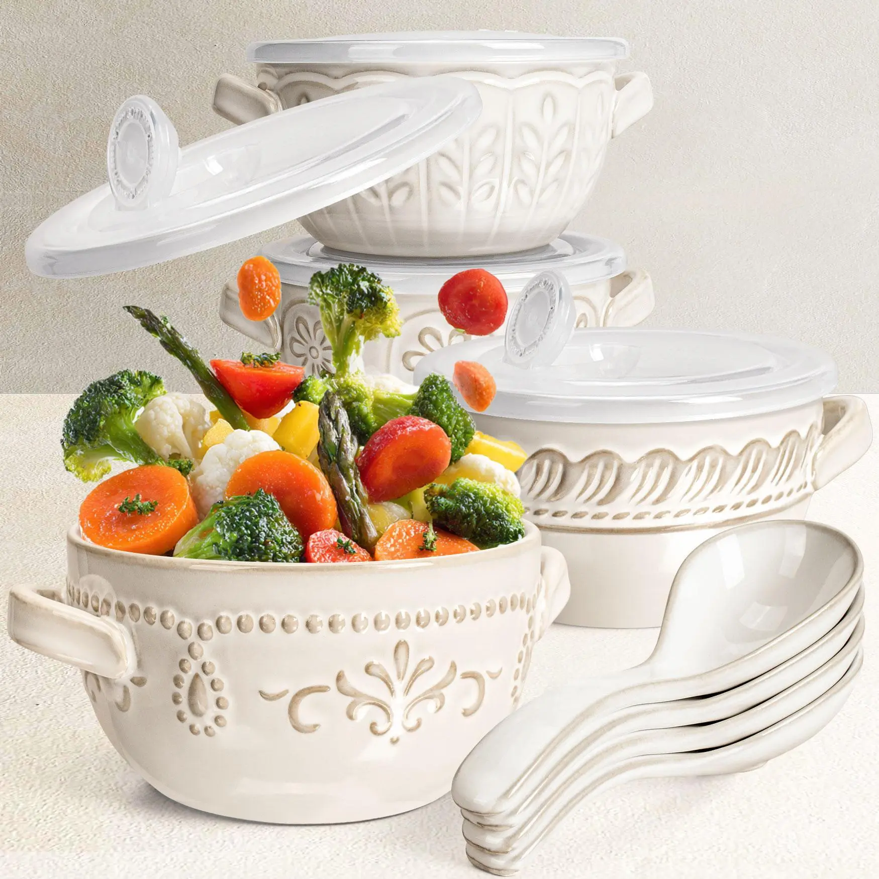 Artena Embossed French Onion Soup Bowls Set of 4, 20oz Large Deep Ceramic Tableware Crocks with Lids, Handles & Spoons, Oven Safe for Chili, Stew