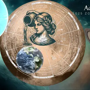 Aquarius Astrology Calendar 2025 with Earth and Sun Design, Circular Format, and Key Dates for Personal Use