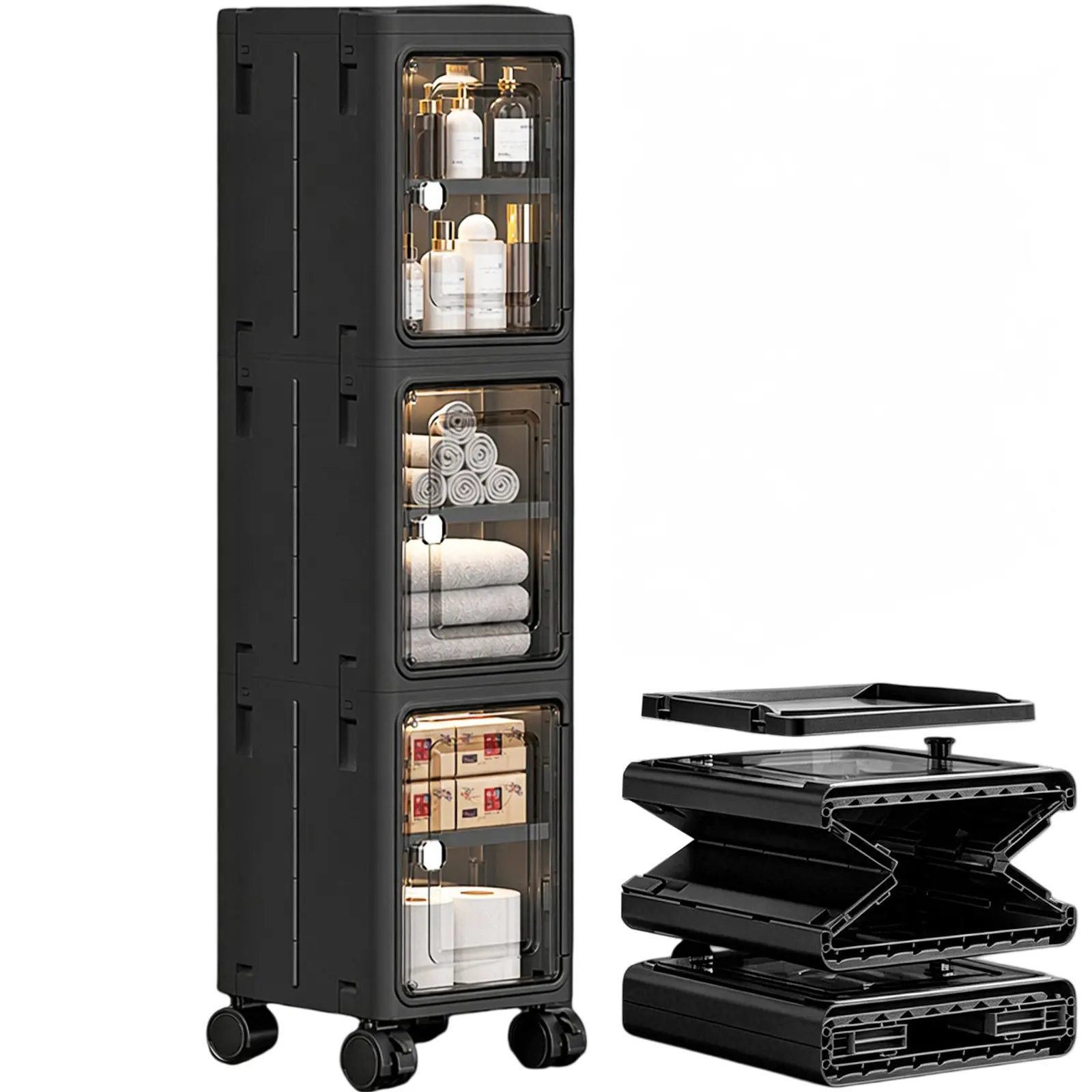 Black White Slim Storage Cabinet 360 Degree Swivel Wheels Stackable Multi Layers Gold Handle Strong Load Bearing Small Footprint Large Capacity Gap Shelf