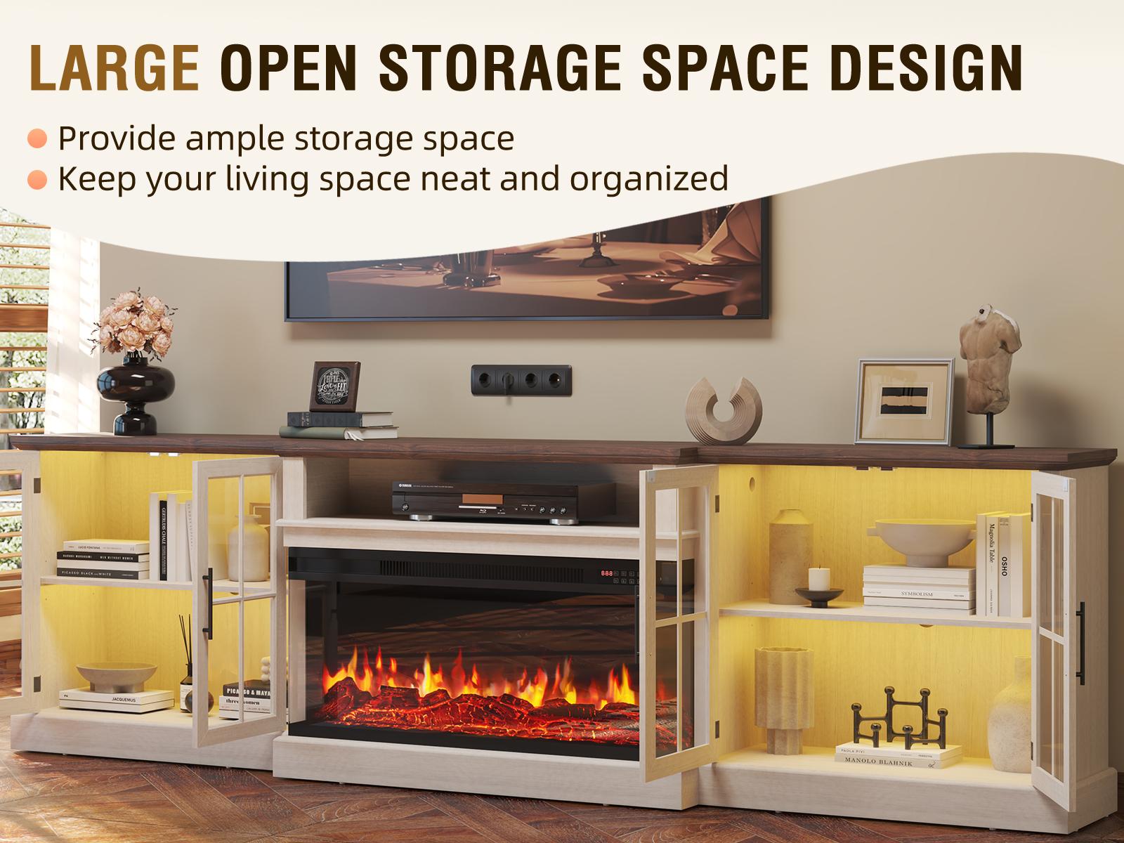 【Ships in 3 Packages】98" Farmhouse TV Stand with 36" Fireplace for TVs up to 100", Media Entertainment Center with Adjustable Shelves and Large Storage Cabinets, for Living Room, Black & Black