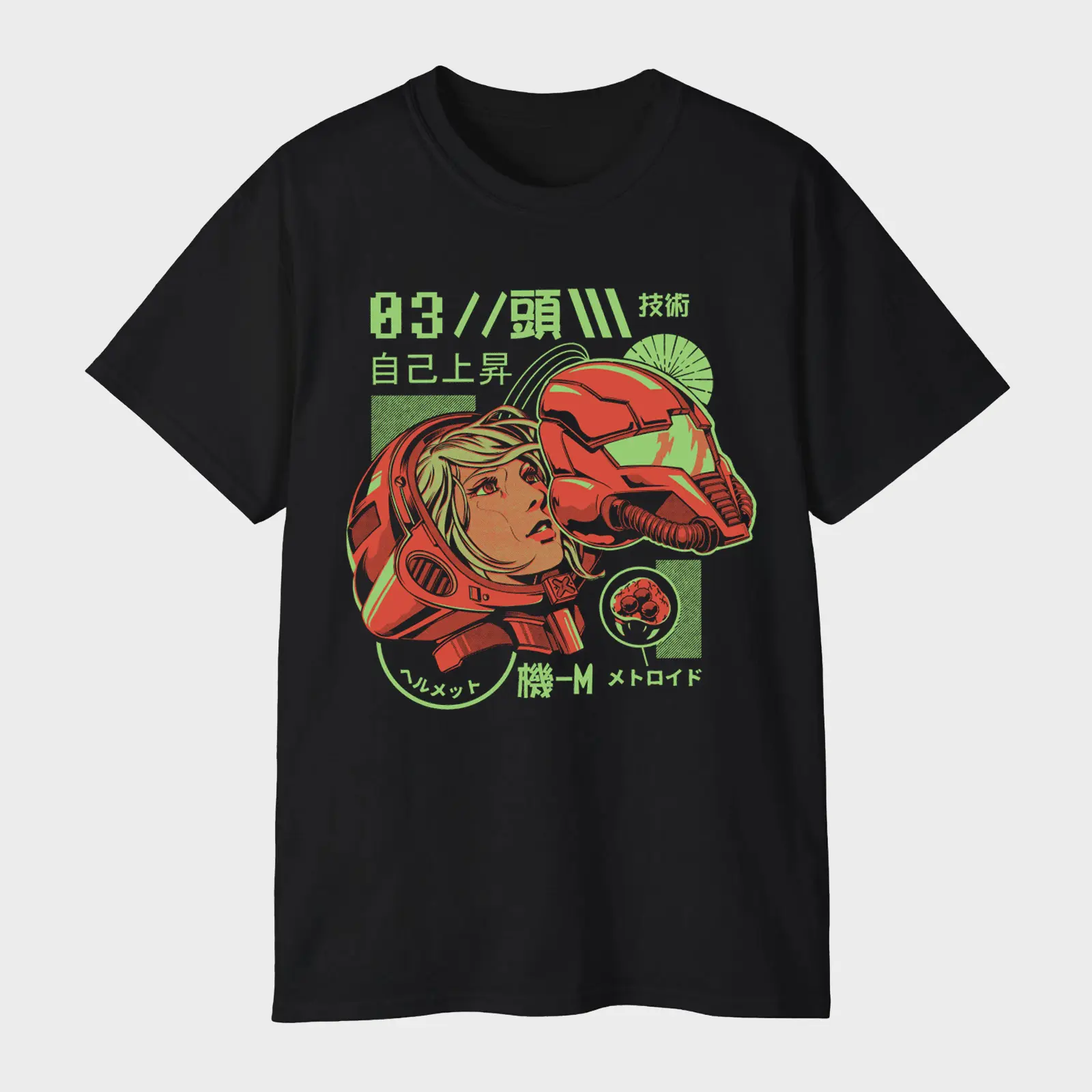 Metroid Samus Aran Mech Helmet Japanese Graphic T-Shirt – Retro Gamer Graphic Tee Fan Favorite