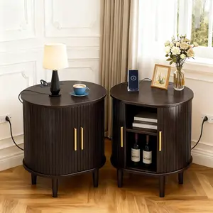 【Deals for You Days】DHH Oval Nightstand nightstand sets of 2 with Charging Station & USB Ports, Mid-Century Modern Fluted Wood End Table with Tambour Sliding Door, Hidden Storage Bedside Side Table for Bedroom & Living Room（Dark Walnut sets of 1）