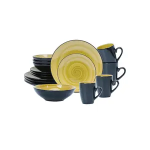 Handpainted Sonoma Green 16pc Ceramic Dish of Plate High-End Luxury Kitchen Bowls With Coffee Mug Premium Dinnerware Sets for 4