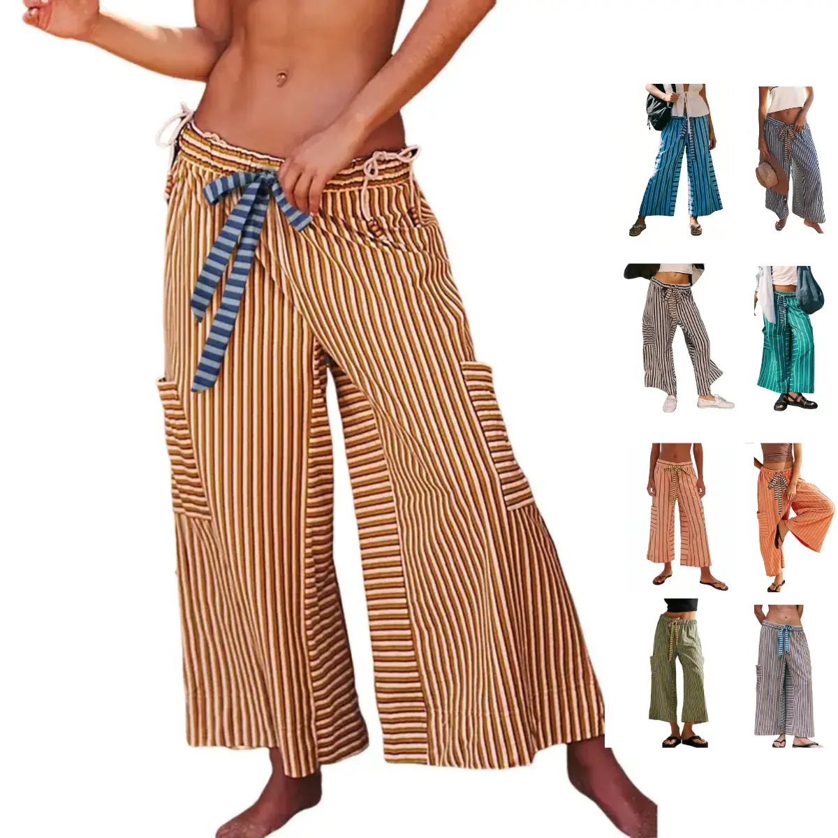 Ommig Women's Casual Striped 100% Cotton Palazzo Lounge Pants with Drawstring Waist and Pockets for Summer,back to school shopping, Chic, Cute