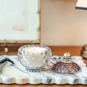 Santal 5 oz Glass Bubble Candle with Metal Knob Lid 4.25" Elegant Textured Design Premium Wax Eucalyptus Melon Aroma