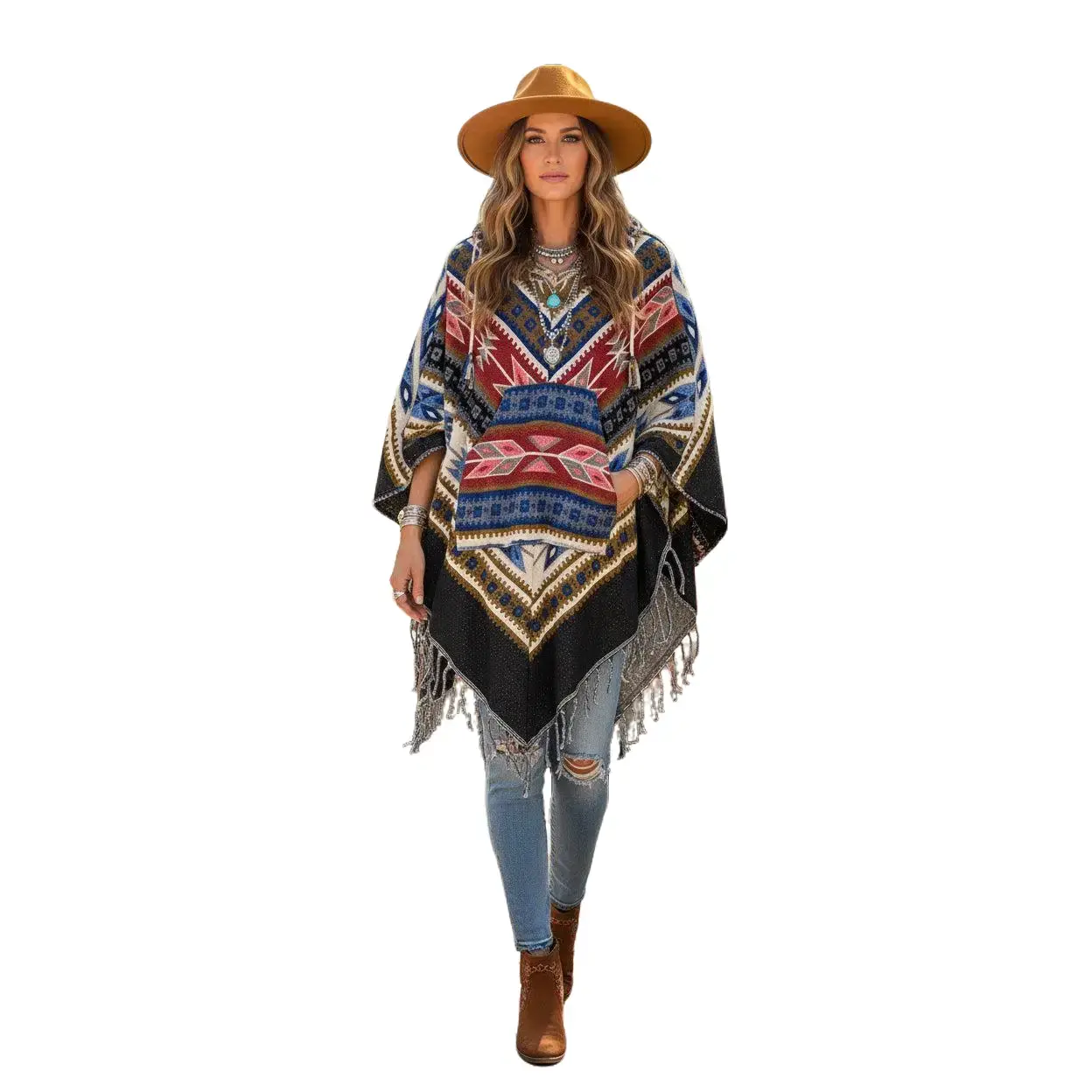 Festival Hooded Poncho: Unisex Boho Woven Wool Blend