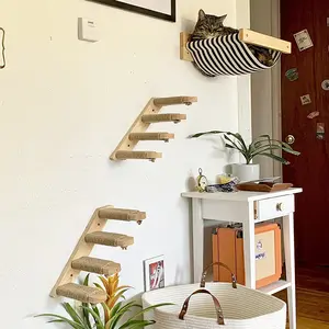3pcs Wall Mounted Cat Hammock Shelves With Scratching Posts Step Ladder Set For Indoor Cat Wall Furnitures Climbing Playing  Made Of Pine Wood Home Animal