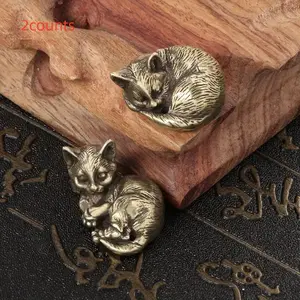 Vintage Brass Cat Handle Tea Table Decor Ornaments, Antique Copper Carved Pet Furniture Accessory, Unique Home Office Decoration Gift Idea, Cute Desktop Decoration