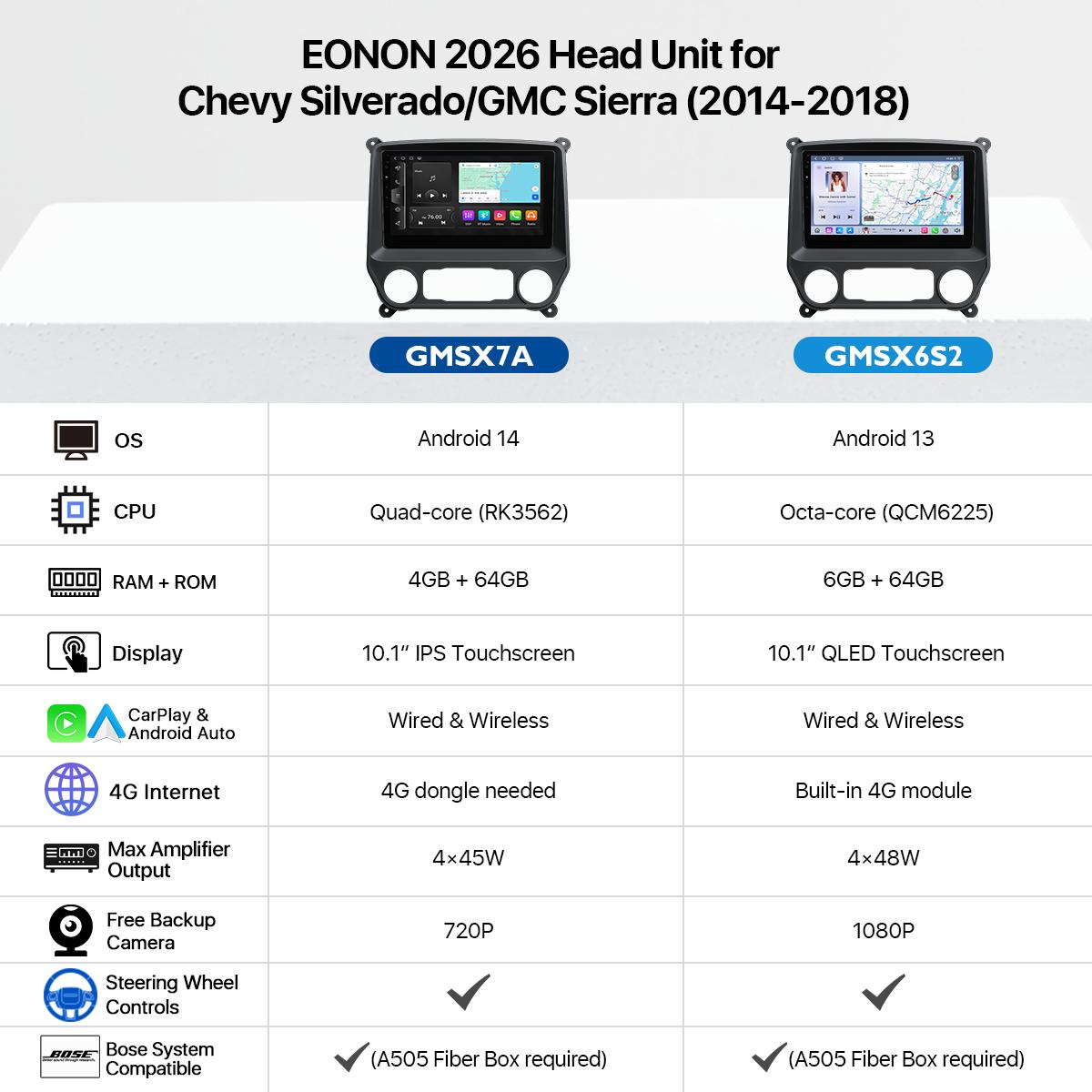 Eonon Car Stereo for Chevy Silverado GMC Sierra 2014-2018 Android 13/14 Head Unit with Wired/ Wireless CarPlay Android Auto 10.1" Car Radio Touch Screen SWC Sub BT Backup Camera Dashboard Upgrade - GMSX7A / GMSX6S2