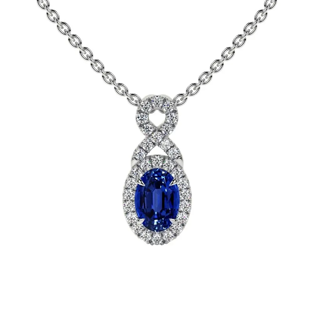 Oval Cut Blue Sapphire Twist Halo Pendant (0.80cttw)- PBS002-6X4-AAAA
