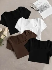 Square Neck Slim Fit Crop Top 4 Piece Set - Black White Brown Short Sleeve Tees Womenswear