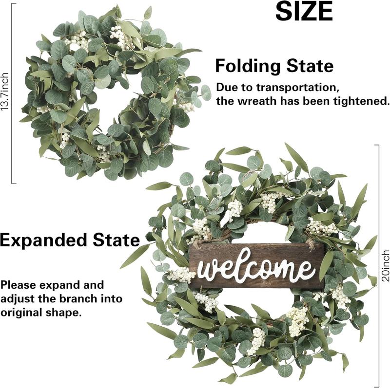ZMOCEN A Green Eucalyptus Spring/Summer Wreath With A Welcome Sign, Featuring Artificial Spring/Summer White Berries. Suitable For Front Doors, Walls, Windows, Festive Occasions, Farmhouses, Porches, Patios, And Wedding Season Decorations (White + Green).