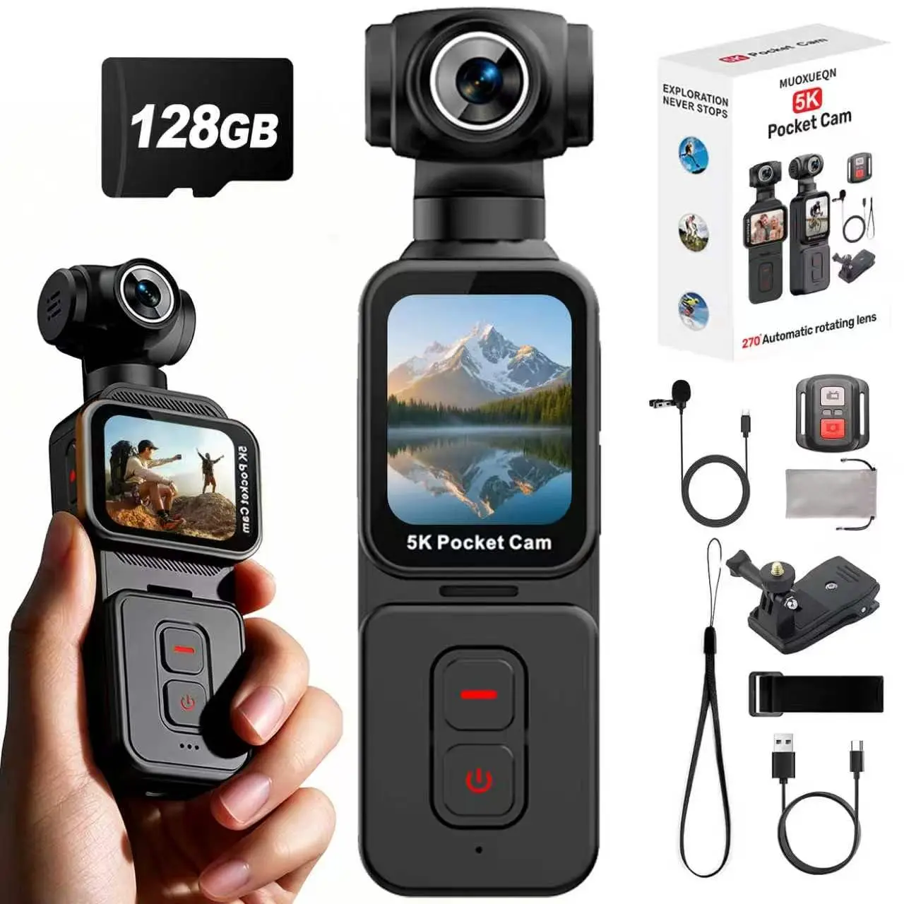 【MUOXUEQN】5K Handheld Action Camera, Portable Pocket Vlogging Camera with Image Stabilization, 【MUOXUEQN】 270° Rotatable Wide-Angle Lens, Rotating Touchscreen, WiFi, Remote & App Control for Travel, Sports (32G/128G)