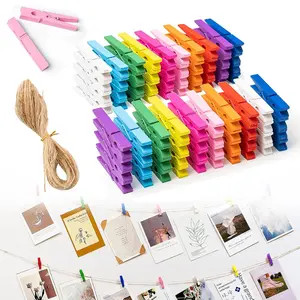 Multi-Color Clothespins with Jute Twine – Mini Wooden Decorative Clips for Photo Walls Wedding Birthday Home DIY