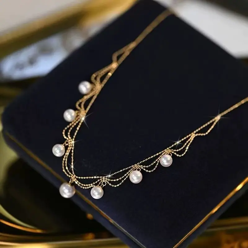 Pure silver natural freshwater pearls, 9mm - 11mm, lace multi-layer necklace