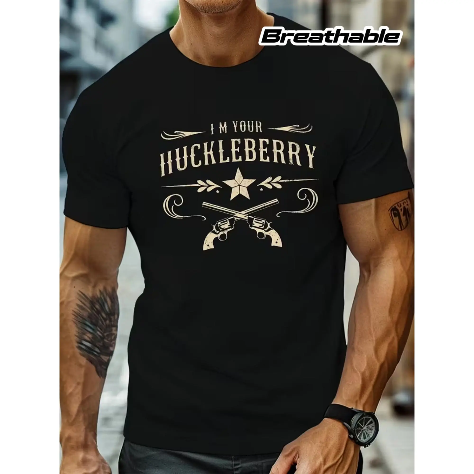 Men's "I'm Your Huckleberry" Western Graphic T-Shirt - Breathable Casual Tee with Phrase, Regular Fit Round Neck, Machine Washable Shirt Suitable for - Wear & Everyday Outfits