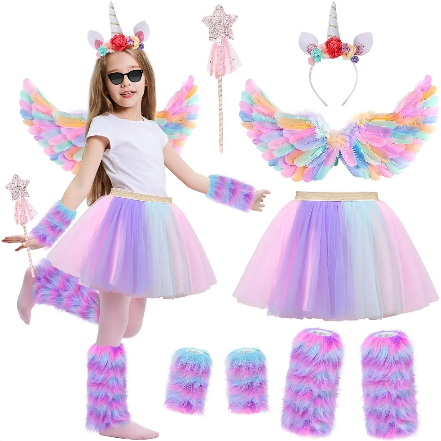 Girls' Fantasy Costume, 6-Piece Dress Up Set with Fluffy Leg Warmers, Furry Hoof Gloves, Feather Wings & Tulle Tutu Skirt, Ages 3-8 Years, Unicorn Costume, Elastic Cuffs