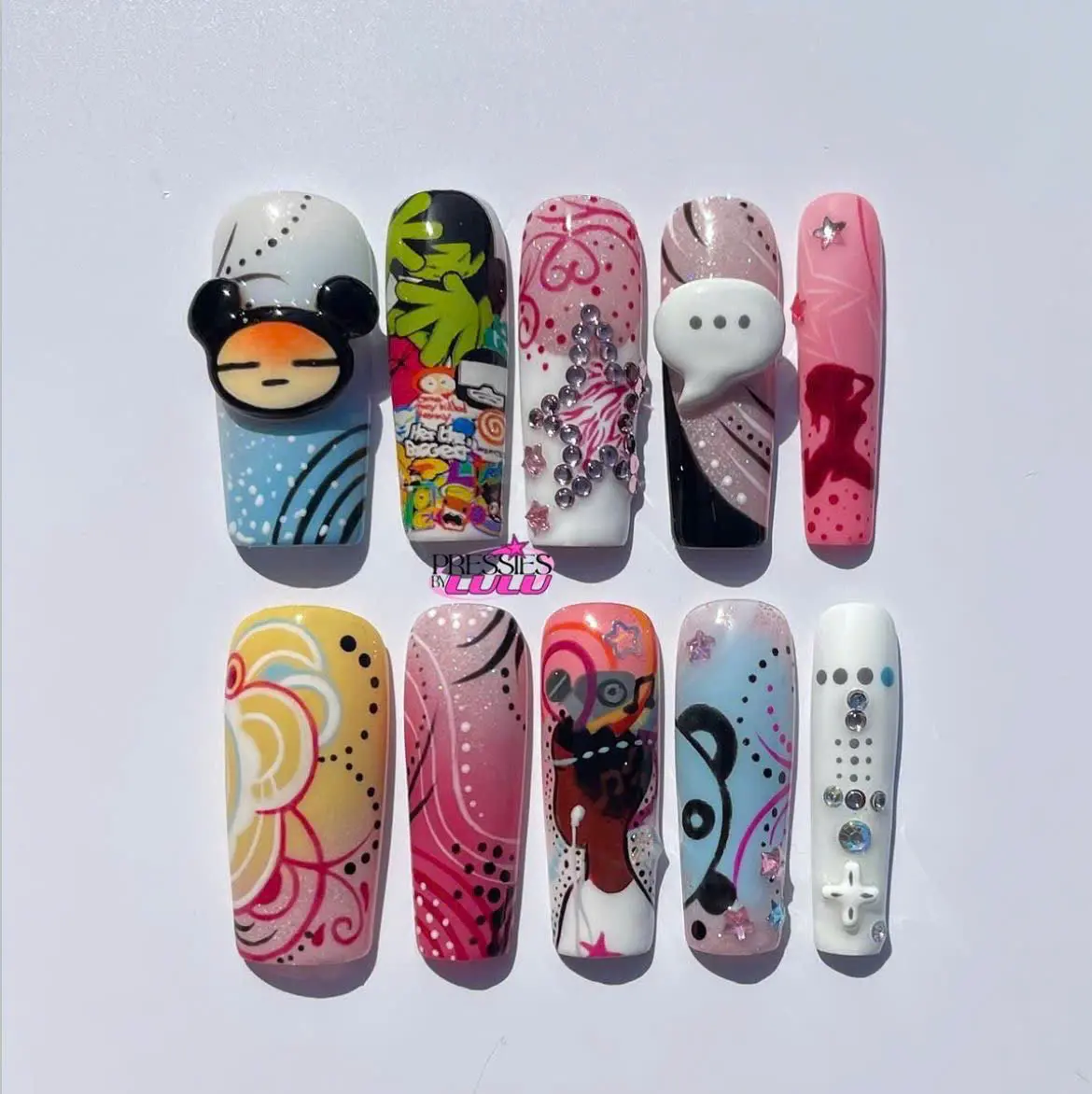 Press-On Nails, White Cartoon Character Square Soft Gel Reusable Handmade False Nails Set for Summer Vibes