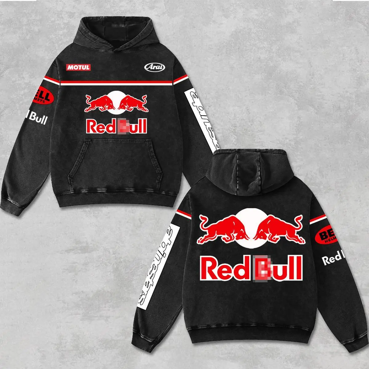 Retro Bell Helmets x The Red Redbull Racing Hoodie Acid Washed, MotorGP World Championship Enthusiast, Motorcycle Off-Road Dirt Bike Graphic Streetwear, Heavyweight Biker Sweatshirt, Retro Moto Gear Motorbike Apparel Men’s Grunge Y2K Racing Jacket Style