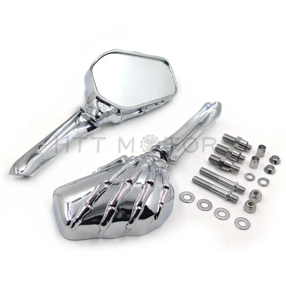 HTTMT- [Black/Chrome] [With LED/Without LED] Motorcycle Skull Mirror Compatible with Most Bike With 8mm and 10mm Adapter Bolts Heritage Springer Sportster Dyna Glide Softail V Rod Cd Replacement