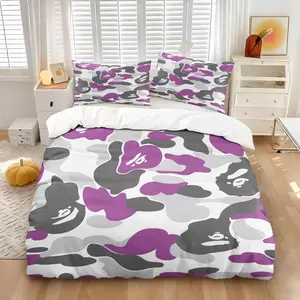 Purple Grey Camo Monkey Print Duvet Cover Set (1 Duvet + 2 Pillowcases, No Core), Soft Breathable Cozy Fabric, All-Season Streetwear Bedding for Teens Bedroom Decor, Bed Sets
