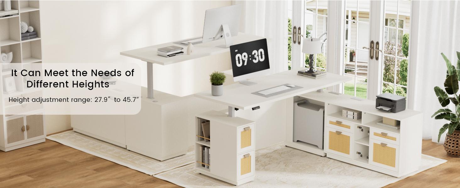 ModernMate 71" L-Shaped Executive Auto-Adjust Distraction-Free Multi-Drawer Computer Workstation Desk, White Rattan Drawers, Engineered Wood Top, Base File Cabinet, Built-In Ports, Privacy Panel, Easy Install for Home & Office, Auto-Adjust Computer Workst ModernMate 71" L-Shaped Executive Auto-Adjust Distraction-Free Multi-Drawer Computer Workstation Desk, White Rattan Drawers, Engineered Wood Top, Base File Cabinet, Built-In Ports, Privacy Panel, Easy Install for Home & Office, Auto-Adjust Computer Workst