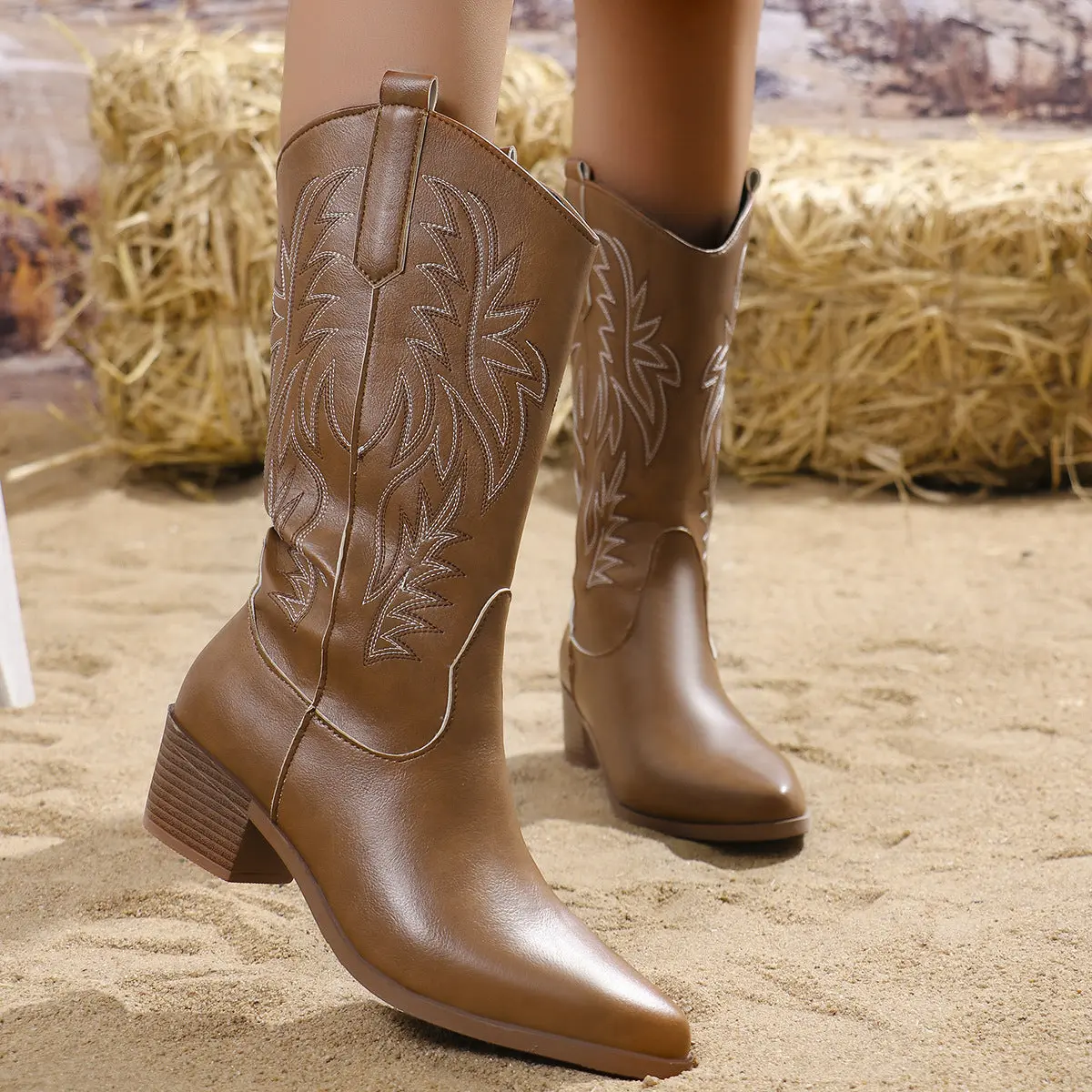 Women's Western Embroidered Pointed Toe Cowboy Riding Boots