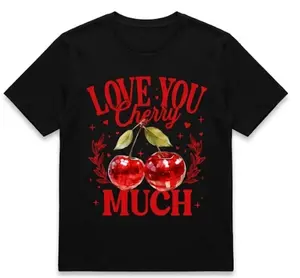 Women's Cherry Print T-Shirt - Cute Cherry & "Love You Much" Slogan Short Sleeve Crew Neck, White with Red Cherries & Pink Bow Tie Design, Casual Spring Summer Blouse, Machine Washable Casual Attire Gift Idea