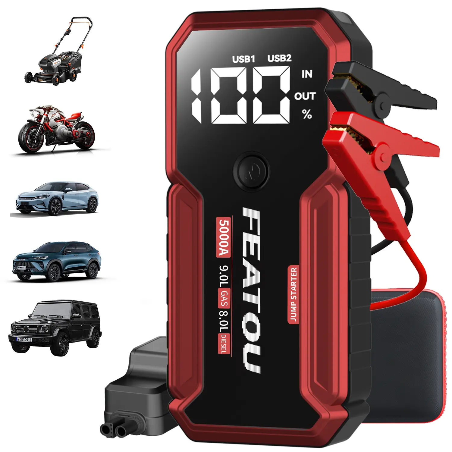 5000A Portable Car Battery Jump Starter, Up to 9.0L Gas & 8.0L Diesel Engine, 12V Car Jumper Starter, 3 LED Lights & LED Display Vehicle Automotive