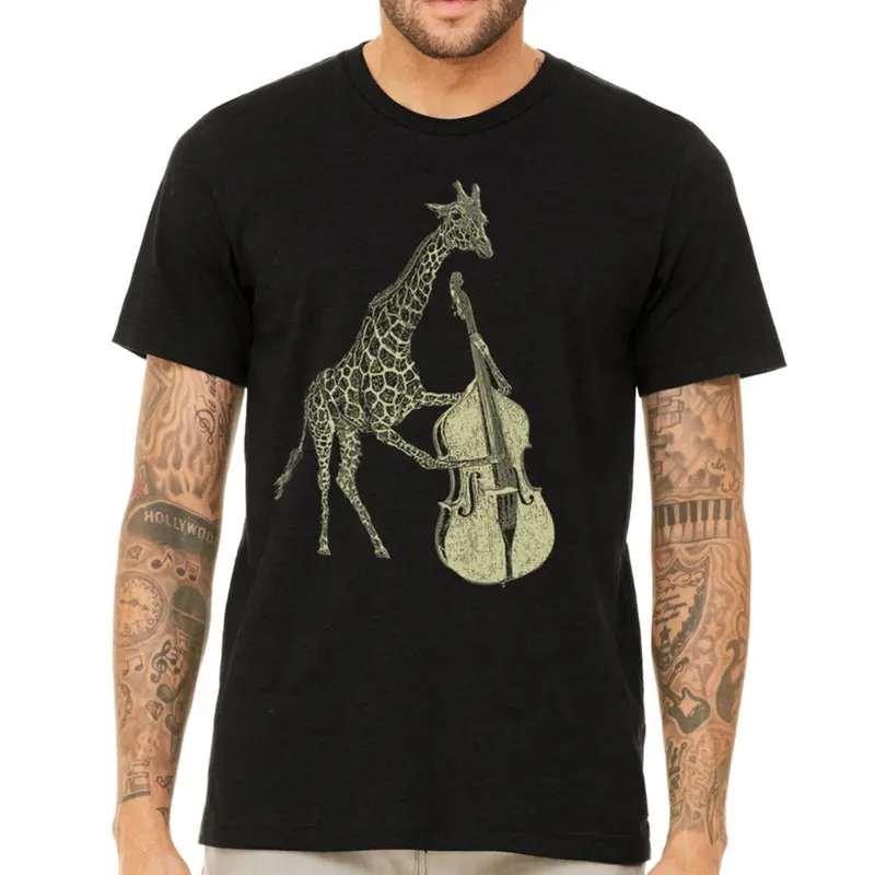 Giraffe Playing Bass T Shirt- Men's Music Animal Tee- Guys Graphic Screen Print