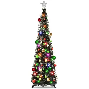 Pop up Christmas Tree with Lights & 30 Balls, 5Ft Collapsible Black Tinsel Christmas Tree Decorations, Pencil Christmas Tree Skinny Christmas Tree for Holiday Xmas Home Office Decor N&T NIETING