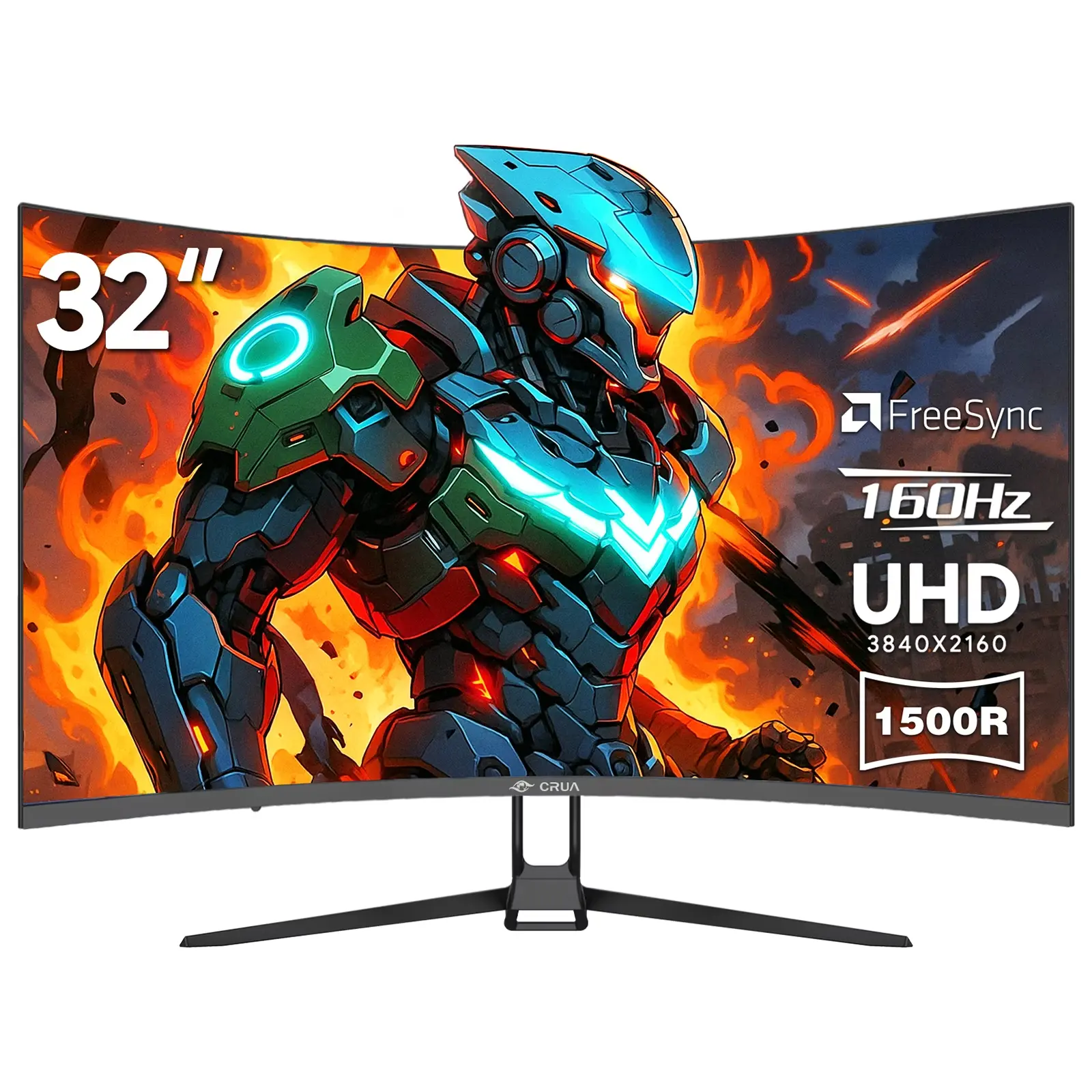 CRUA 32" Curved UHD 4K Monitor, 160Hz Refresh, 1500R Curvature, Black with RGB Lighting and Built-in Speakers