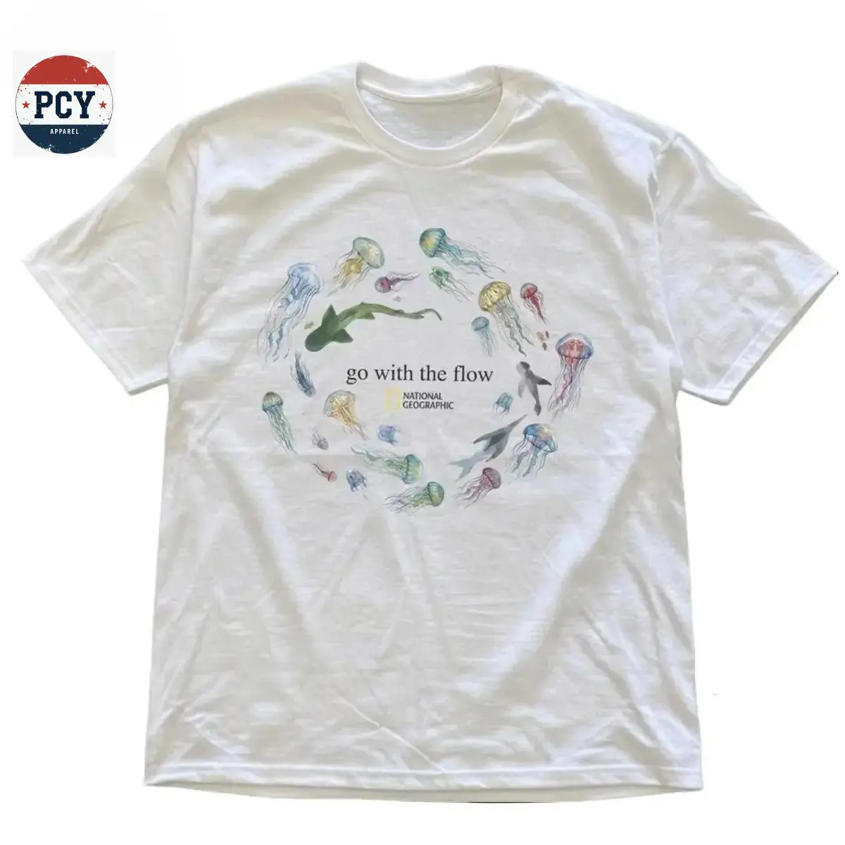 [ Comfort Colors Collection ] Comfort Colors Sharks & Jellyfish Shirt, Go With The Flow Ocean Graphic Tee, Vintage Sea Life T-Shirt, Coastal Summer Outfit, Beach Lover Shirt, Cute Marine Animal Graphic Tee, Relaxed Fit Cotton Shirt