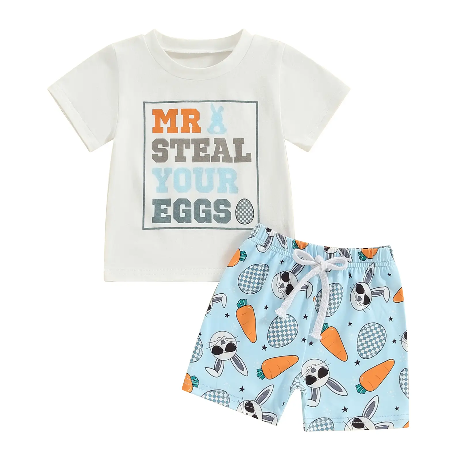 Toddler Baby Boy Easter Outfit Mr Steal Your Eggs Short Sleeve T Shirt Tops Carrot Bunny Print Elastic Waist Shorts 2Pcs Casual Sweatsuit #Springtok