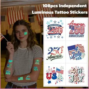 108Pcs 250th Independence Day Temporary Tattoos, Glow In Dark Red White Blue Patriotic Stickers, Pre-cut USA Fourth of July Party Decor Favors