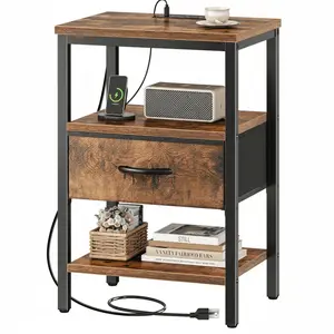 Modern Bedside Nightstand with Built-in USB & Type-C Charging Ports, Adjustable Fabric Drawers and 3-Tier Open Storage Shelves for Bedroom