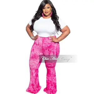 Final Sale Plus Size Bell Bottom Pants Fuchsia & White Tie Dye Print