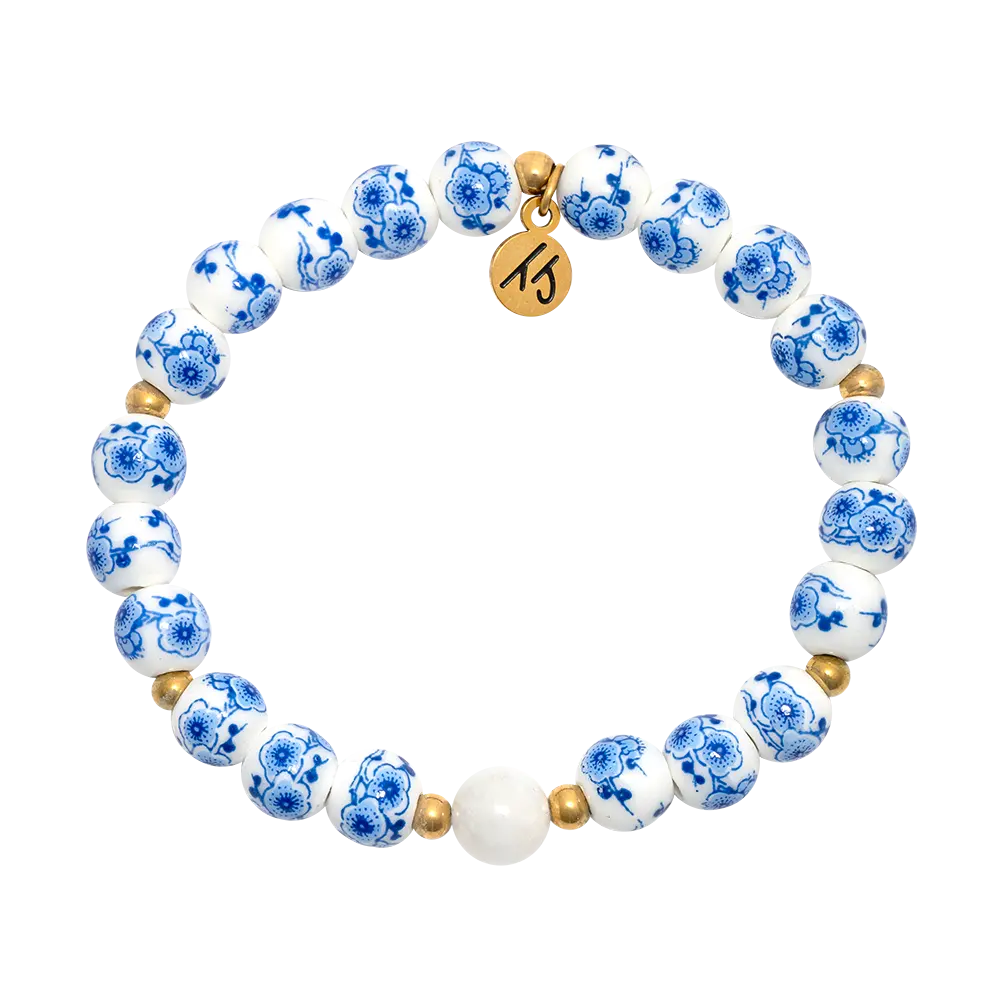 Floral Moments Bracelet- Blue Painted Porcelain Beads With Gold