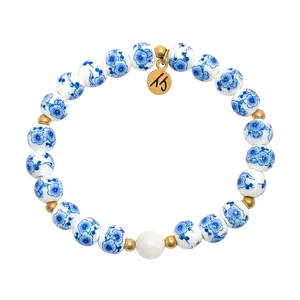 Floral Moments Bracelet- Blue Painted Porcelain Beads With Gold