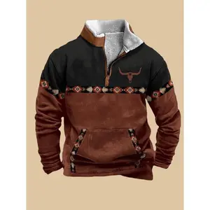 Men��s Western Cowboy Fleece Pullover �C Vintage Bull Skull 1/4 Zip Sherpa Hoodie, Aztec Trim Warm Sweatshirt