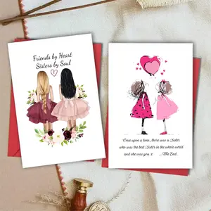 Sister BFF Card 2-Pack – Heartwarming 'Friends by Heart Sisters by Soul' Design + 'Best Sister' Fairytale Message, Elegant Floral & Playful Pink Styles, Perfect for Celebrating Sister Bonds (Comes with Red Envelopes!)